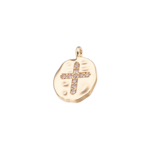 Gold Hammered Disc Embellished Cross Charm