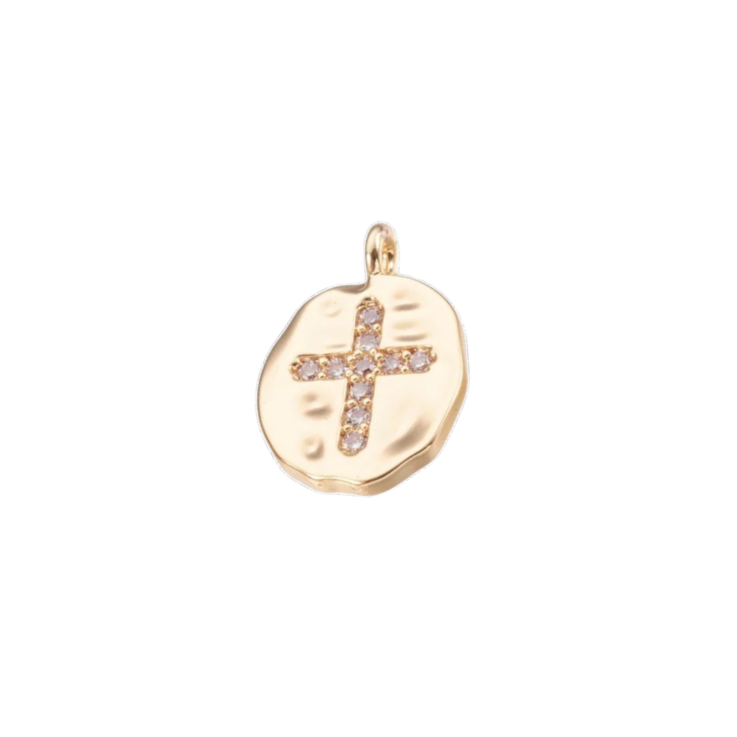 Gold Hammered Disc Embellished Cross Charm