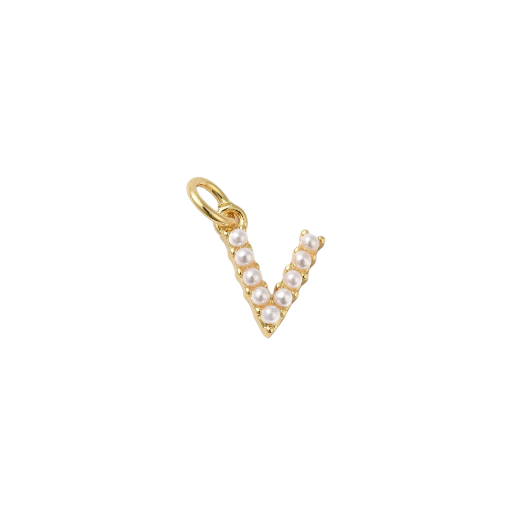 Transparent view of the Gold Large Pearl Initial Letter | Alphabet Charm | Letter V