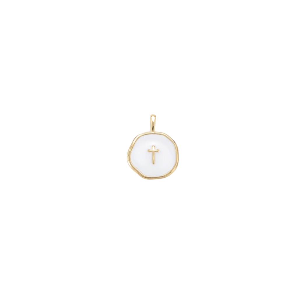 Gold White Round Disc with Gold Cross Charm