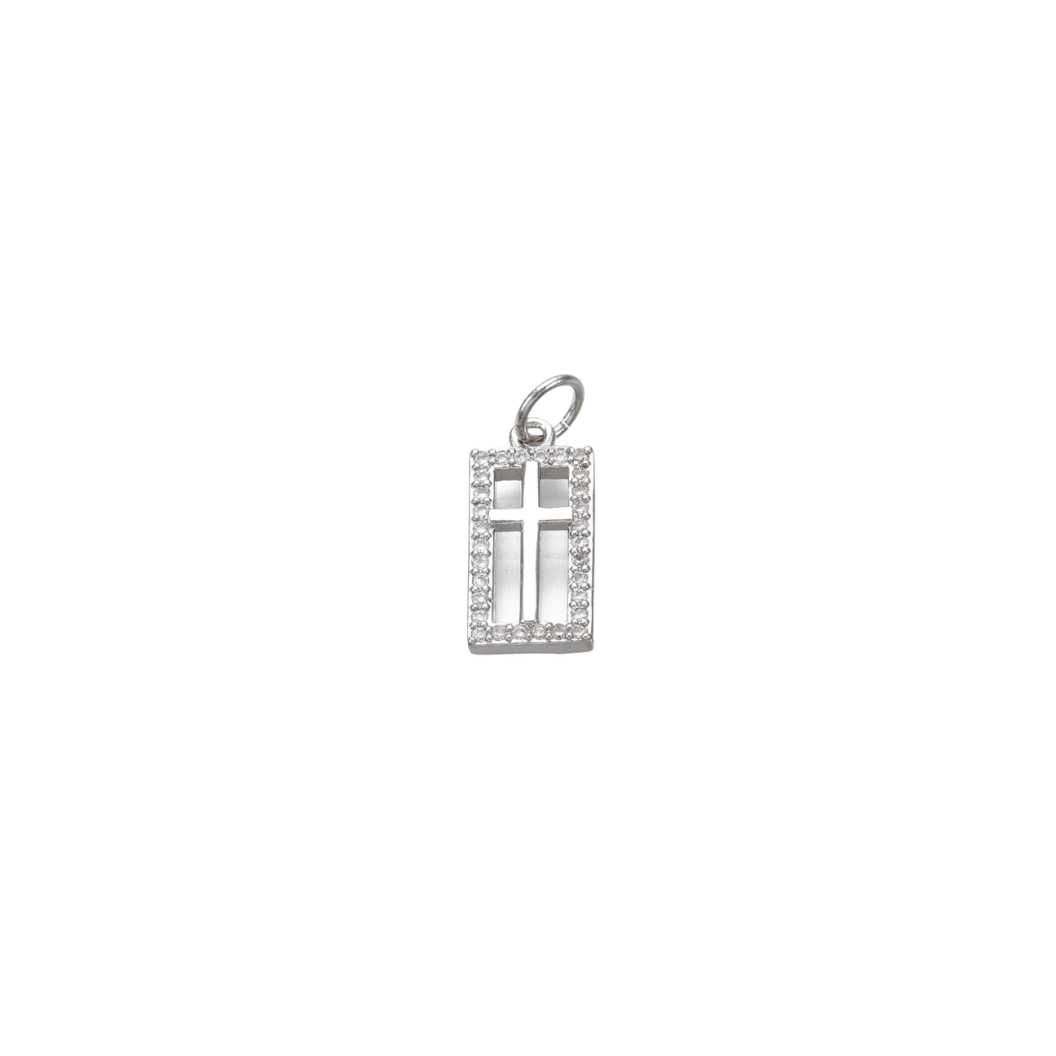 Silver Rectangle Center Cross with Cubic Zirconia Charm