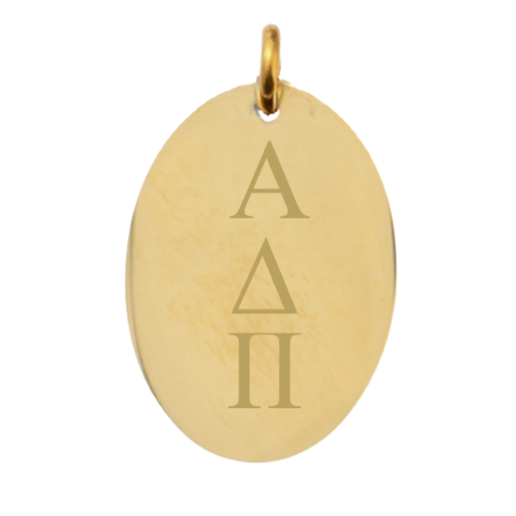 Alpha Delta Pi Large Gold Oval Sorority Charm - Vertical Stacked Greek Letters | Waterproof, Hypoallergenic & Tarnish Resistant