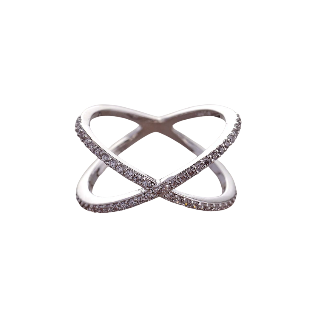 Front of the Silver Criss Cross with Cubic Zirconia Ring