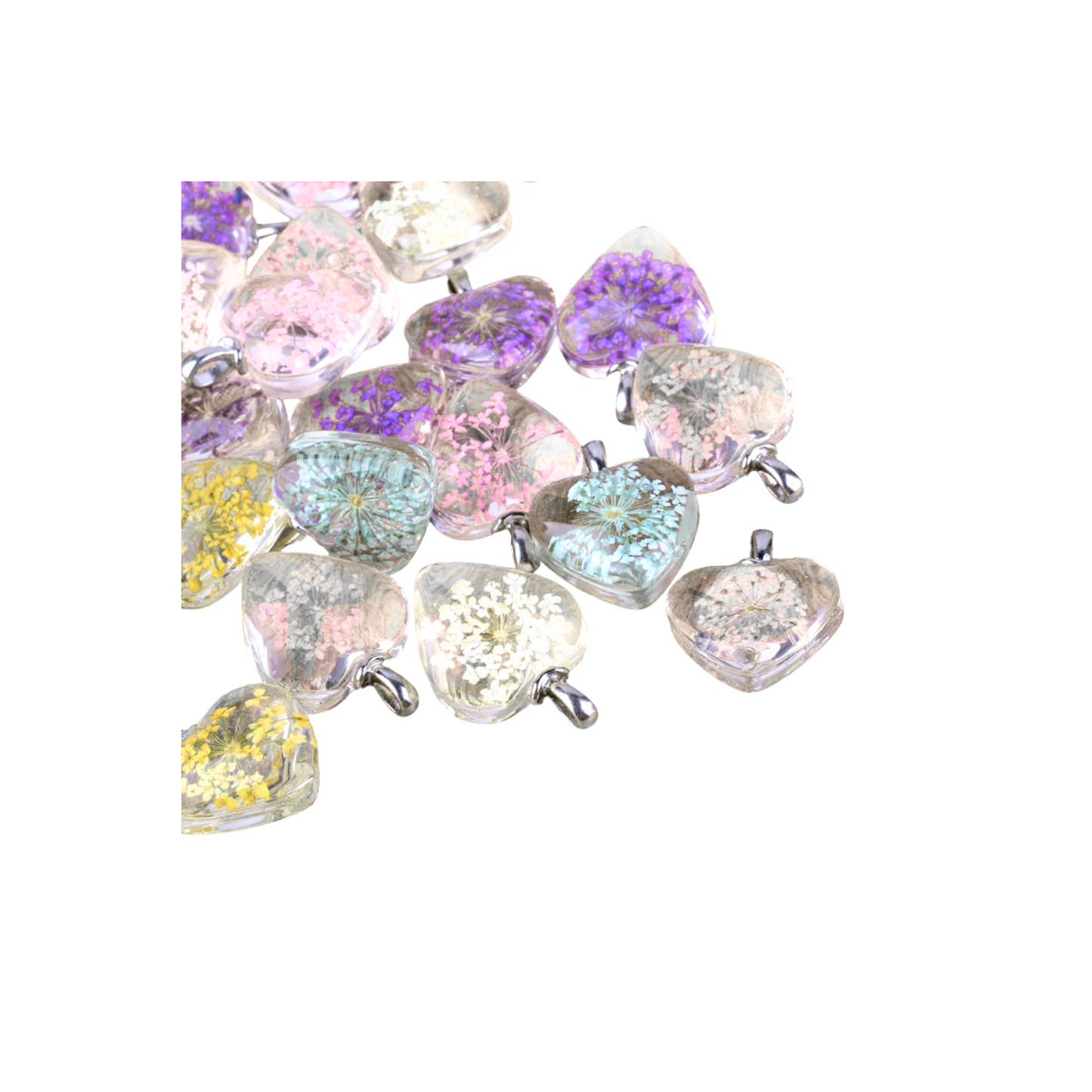 Various views of the Silver Dried Flower Heart Charm in assorted colors