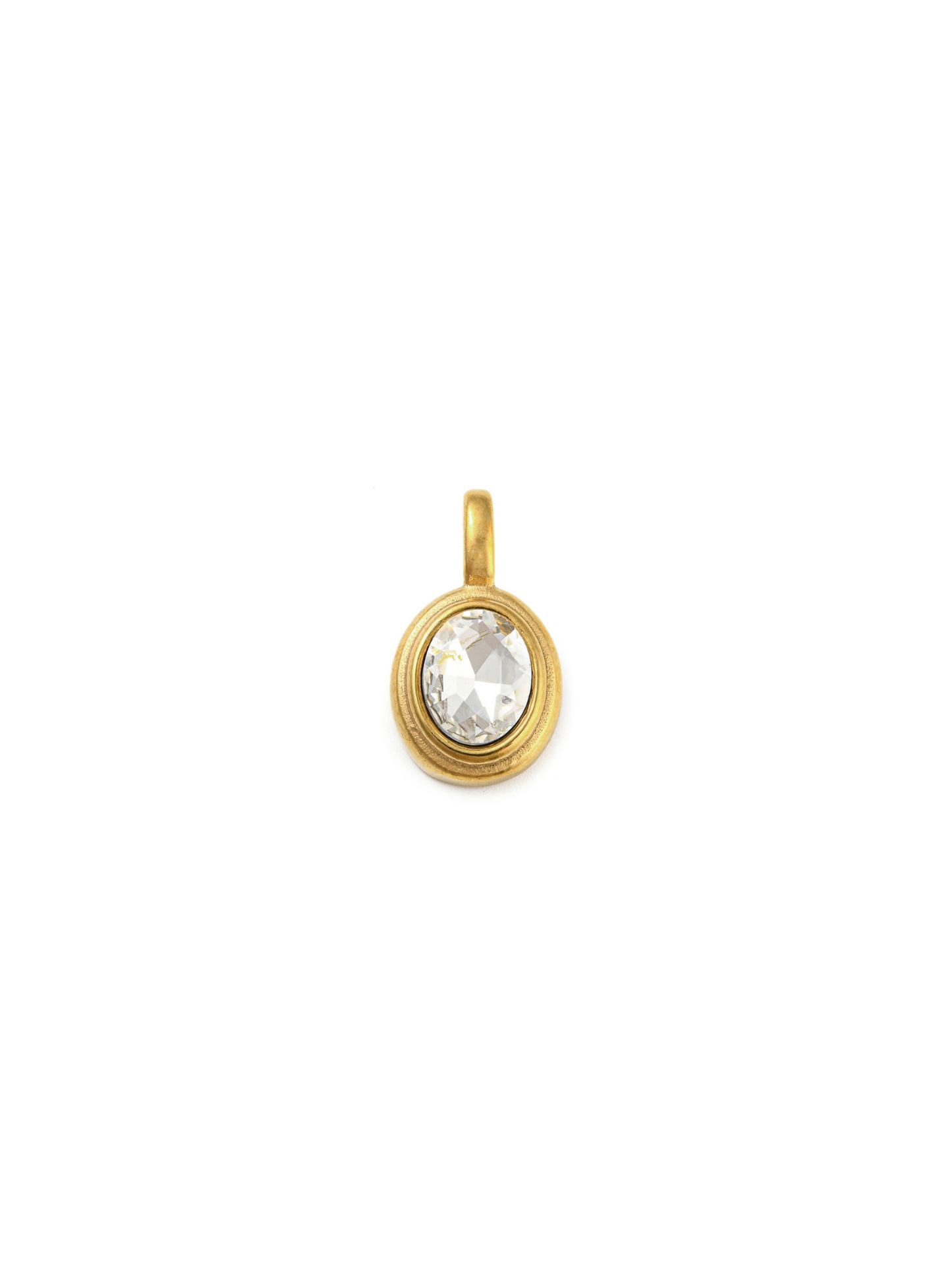 Oval Framed Glass Stone Charm in gold, front view.