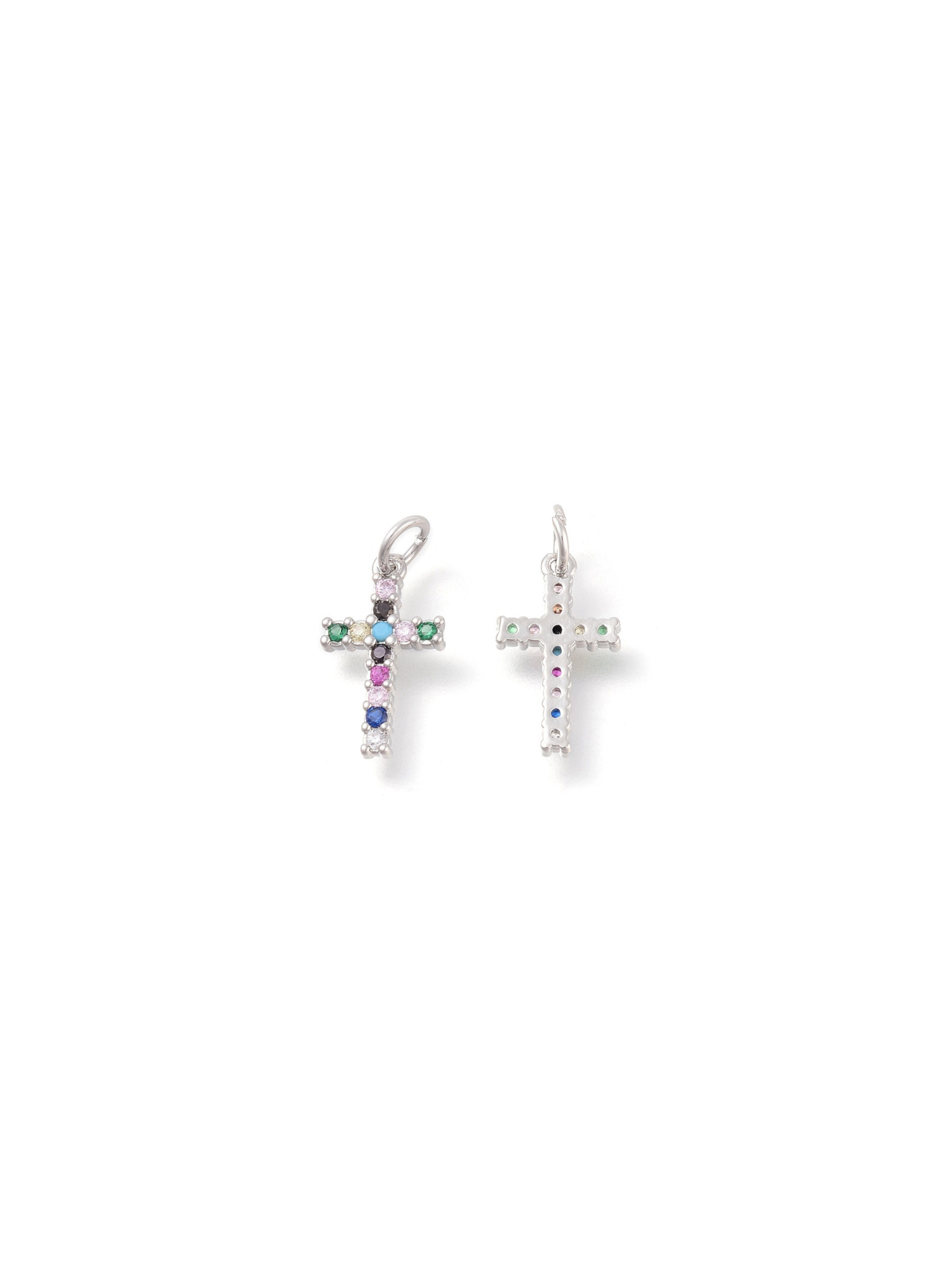 Multi Stone Silver Cross Charm, front and back.