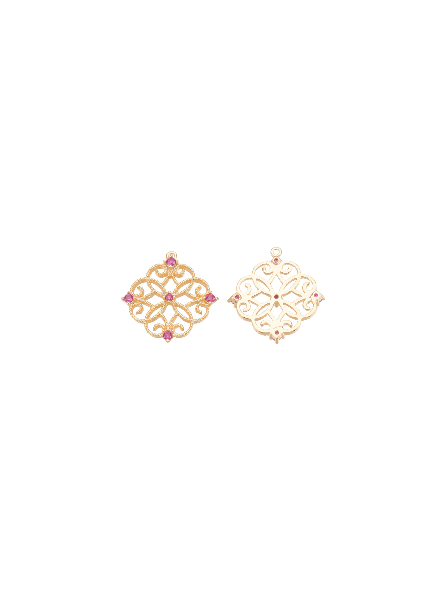 Front and back view of gold mandela charm with pink rhinestone embellish,emts.