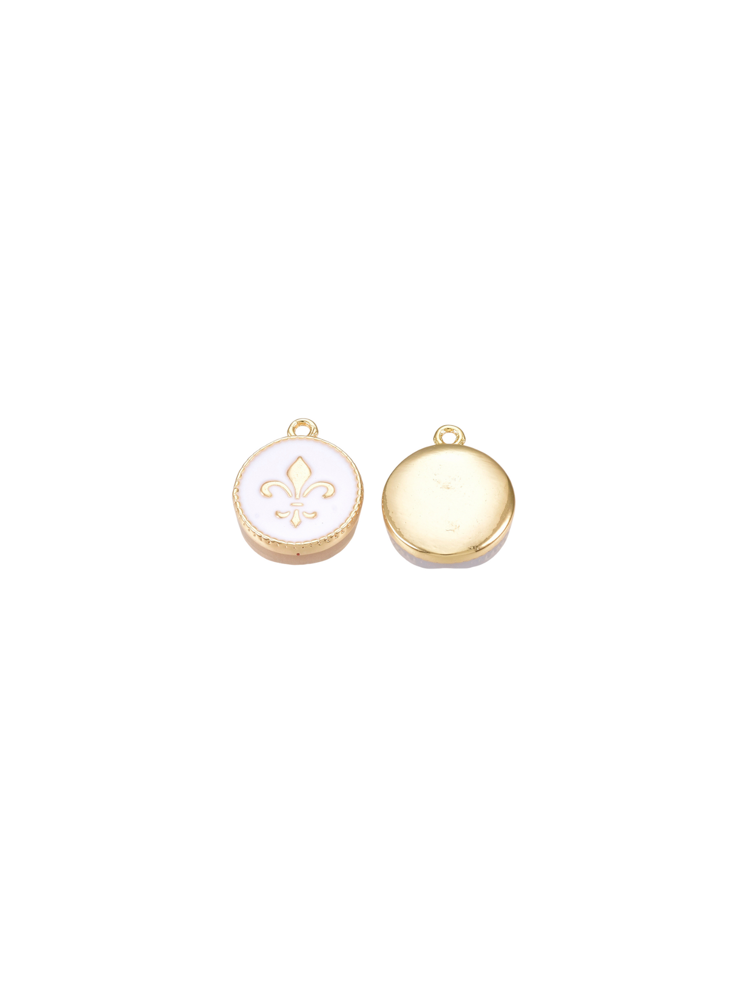 Front and back view of gold fleur de lis round charm.