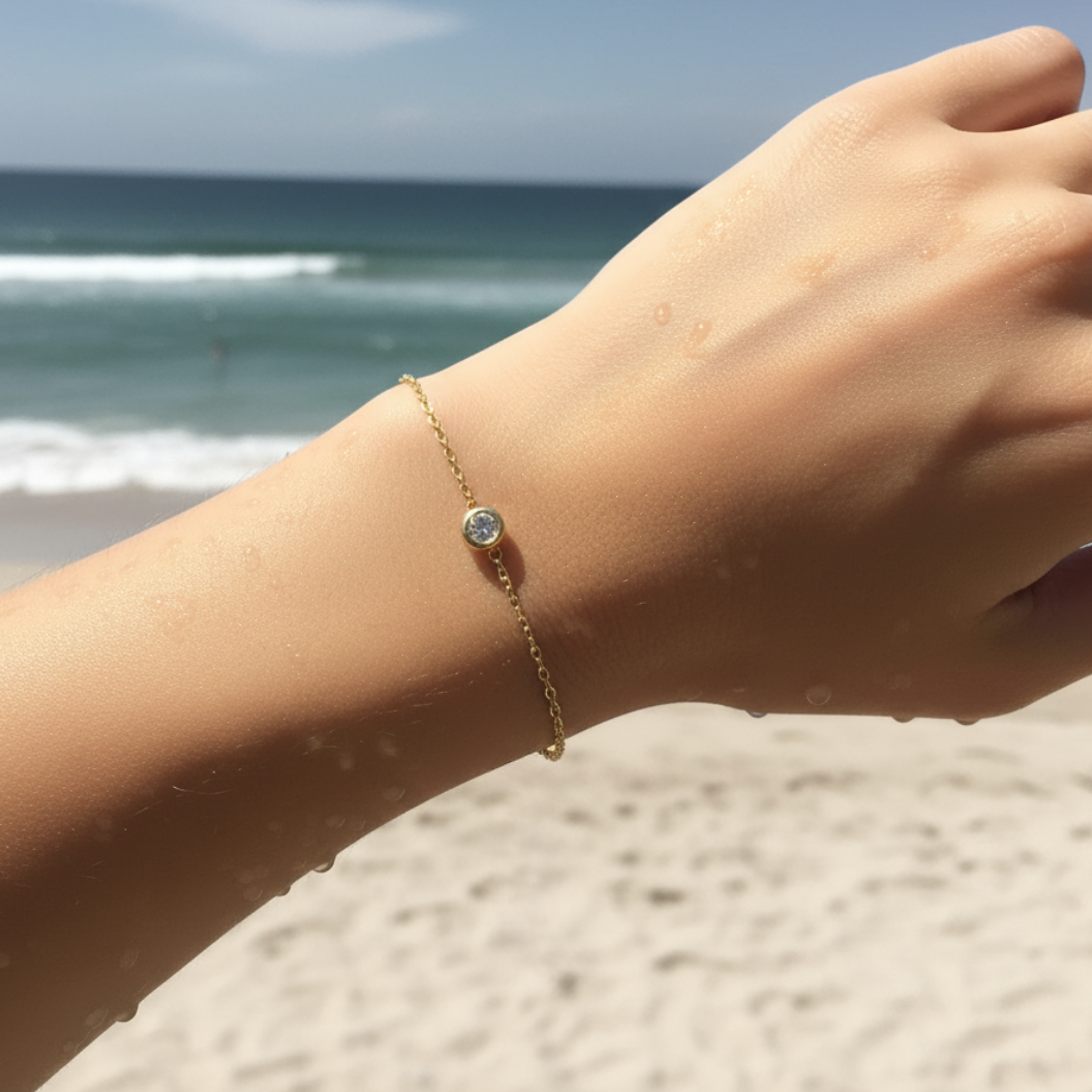Gold Bezel Set Chain Bracelet | Waterproof, Hypoallergenic & Tarnish Resistant