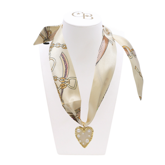Front view of the Scarf Necklace with Gold Pearl Studded Heart Charm on CB Bust