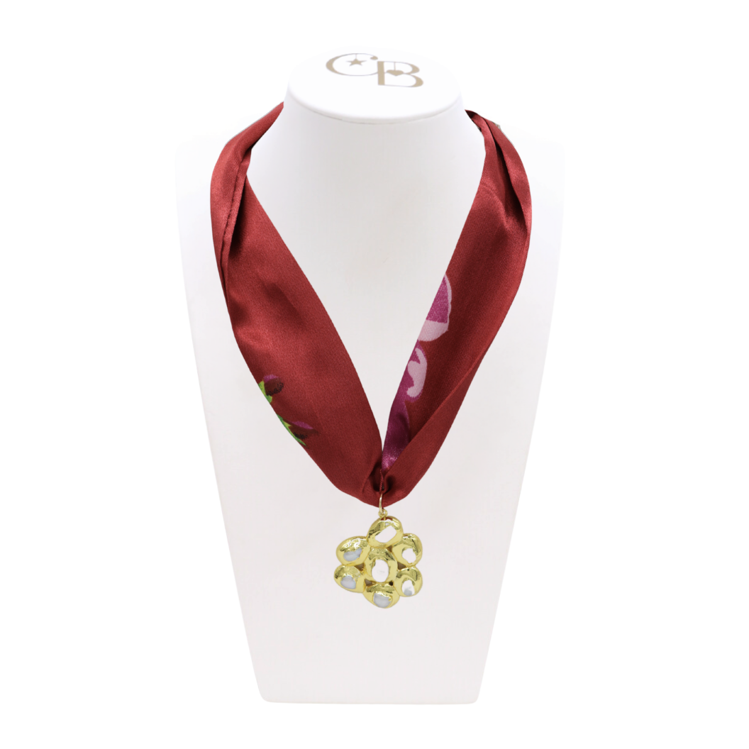 Front view of the Scarf Necklace with Pearl Flower Charm on CB Bust