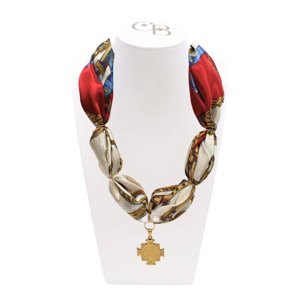 Front view of the Thick Scarf Necklace with Gold Saint Benedict Medal Charm on CB Bust