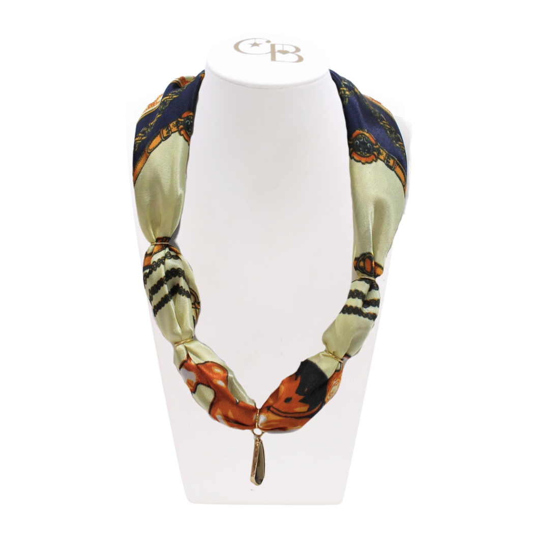 Front view of the Thick Scarf Necklace with Gold Faceted Prism Drop Charm on CB Bust