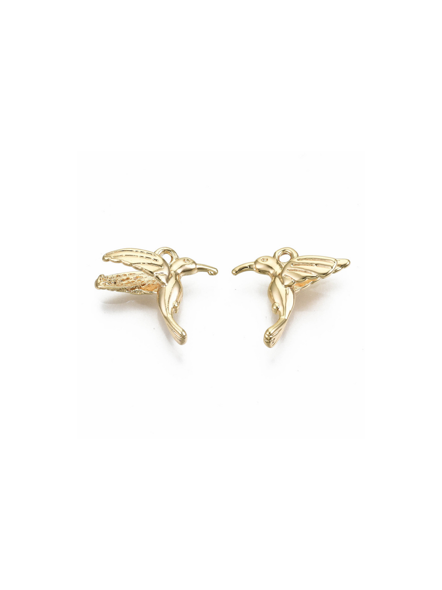 Two Hummingbird Charms on white background facing each other, side view.