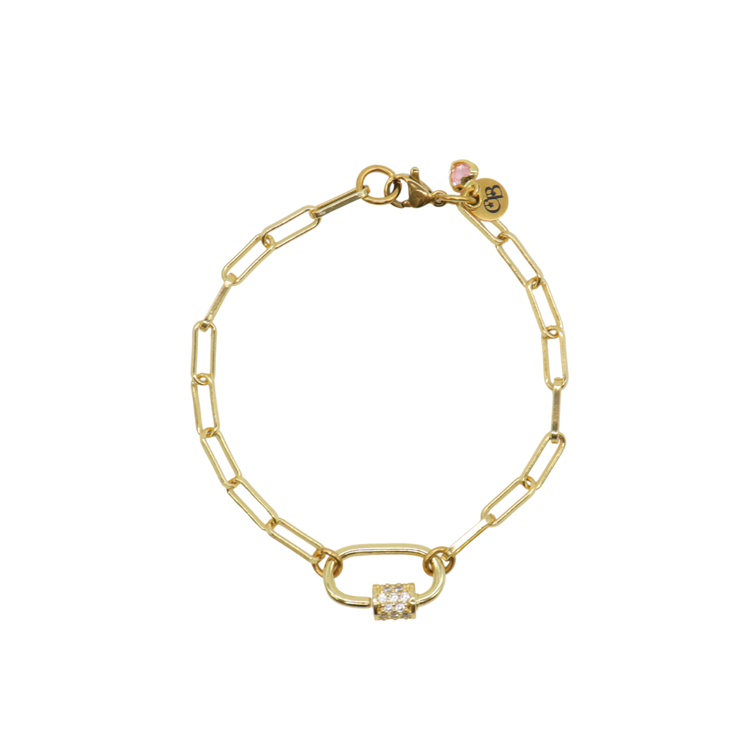Gold Ashley Paperclip Chain Charm Bracelet with Assorted Color Cubic Zirconia Small Gabi Carabiner