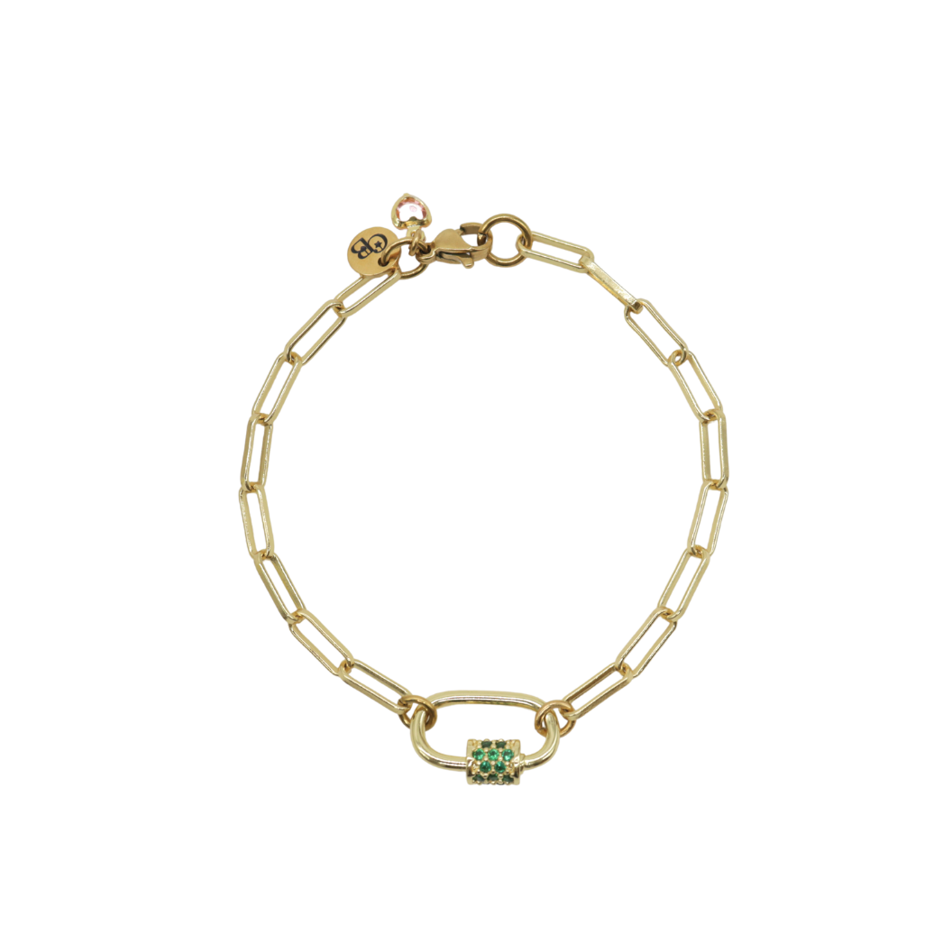 Gold Ashley Paperclip Chain Charm Bracelet with Assorted Color Cubic Zirconia Small Gabi Carabiner