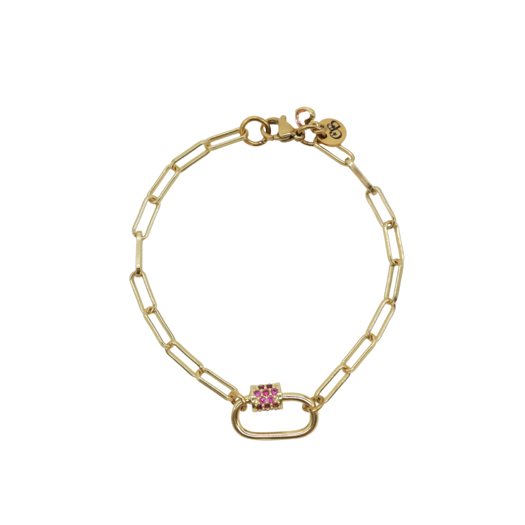 Gold Ashley Paperclip Chain Charm Bracelet with Assorted Color Cubic Zirconia Small Gabi Carabiner