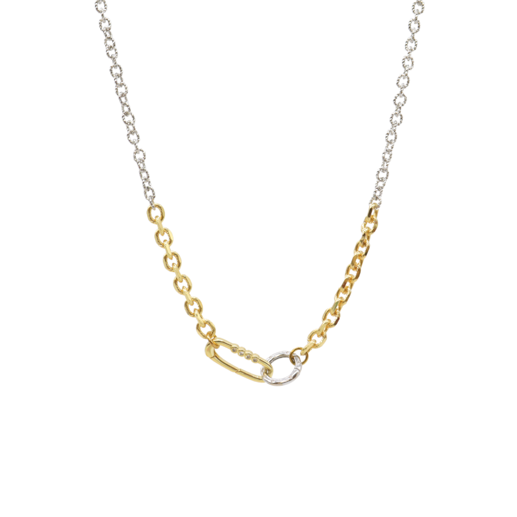 Transparent view of the Silver Ruth and Gold Jamesyn Necklace with Silver Lily and Gold Victoria Carabiners