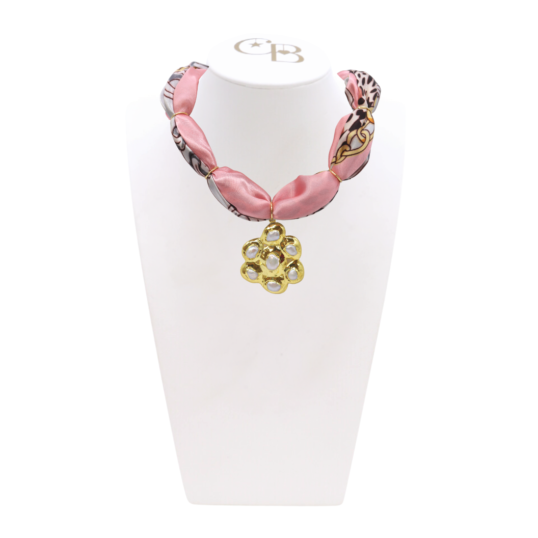 Front view of the Pink Panther Thick Bubble Scarf Necklace with Seaborn Heart on CB Bust
