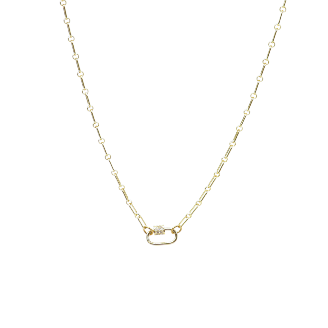 Transparent view of the Gold Paige Necklace with Assorted Color Cubic Zirconia Small Gabi Carabiner