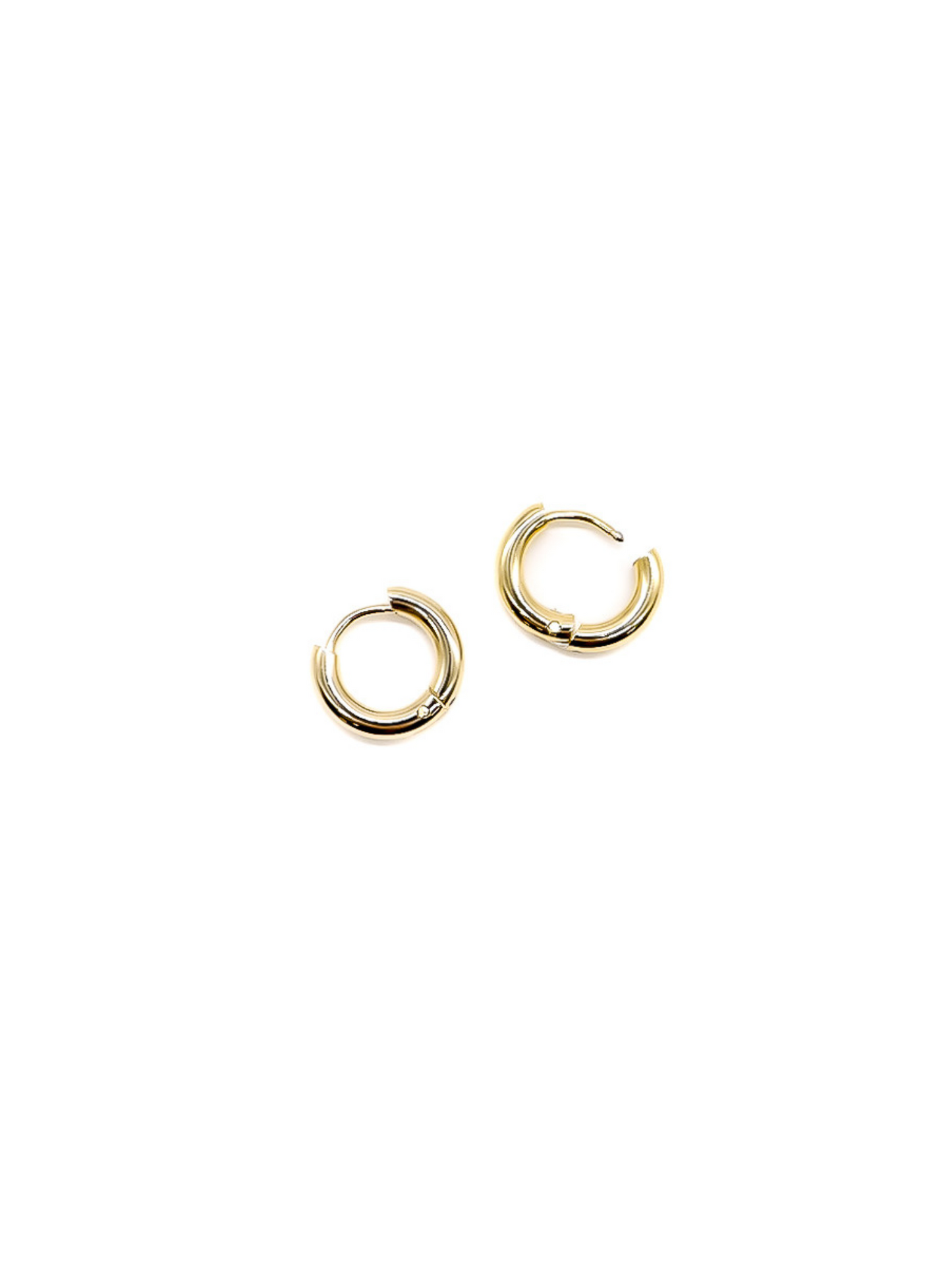 Huggie Hoop Earrings on white background, front view.