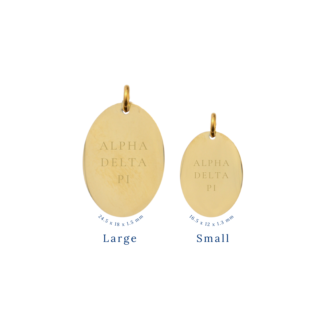 Alpha Delta Pi gold large oval charm and small oval charm comparison with full sorority name front view.