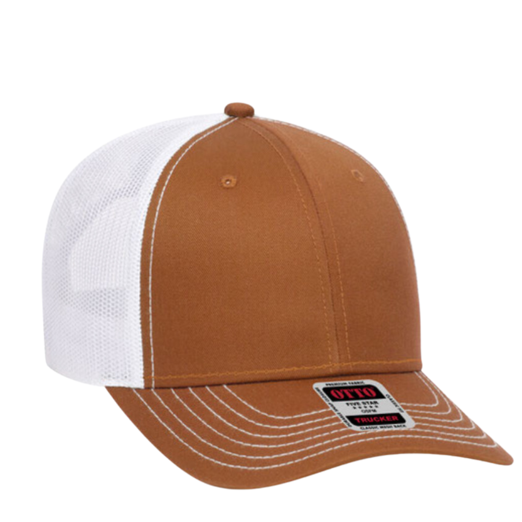 Front view of the Burnt Orange and White Trucker Hat
