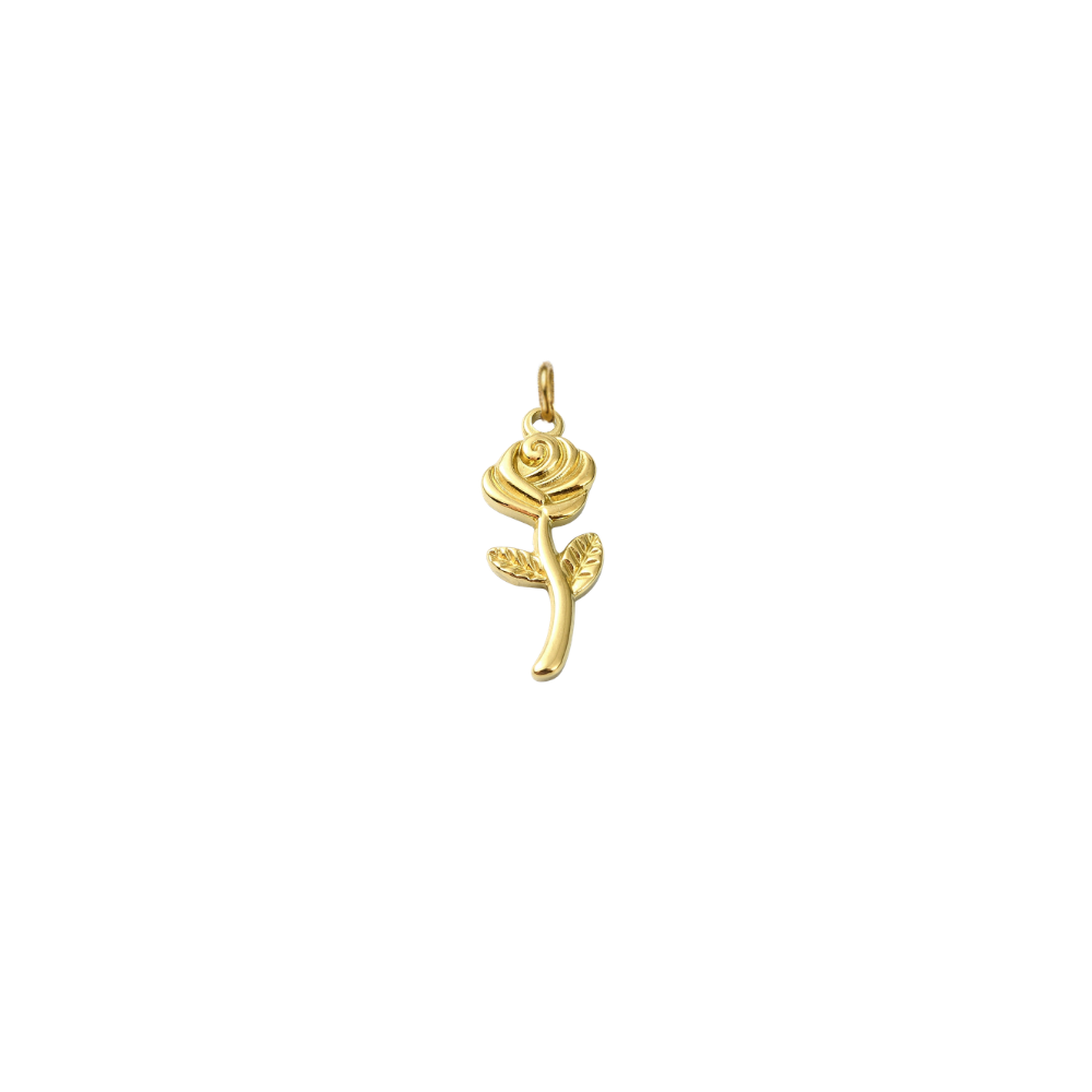 Gold rose charm with detailed petals, textured leaves, and a polished stem on a transparent background.