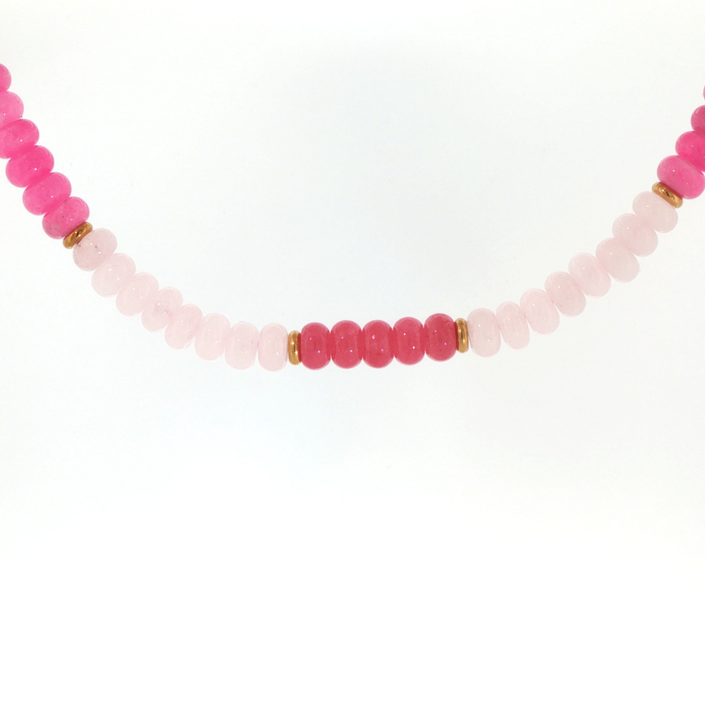 Canyon Rose Beaded Necklace featuring blush pink, fuchsia, and deep rose beads with polished gold-tone spacer accents.