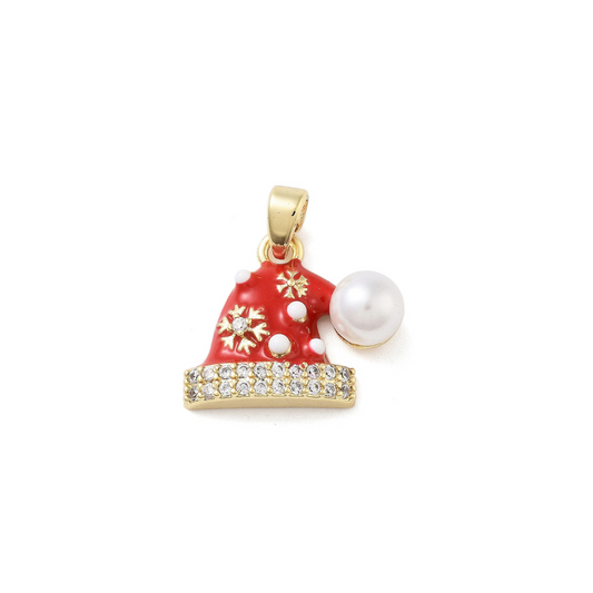Front view of the Gold Cubic Zirconia & Pearl Santa Hat Charm