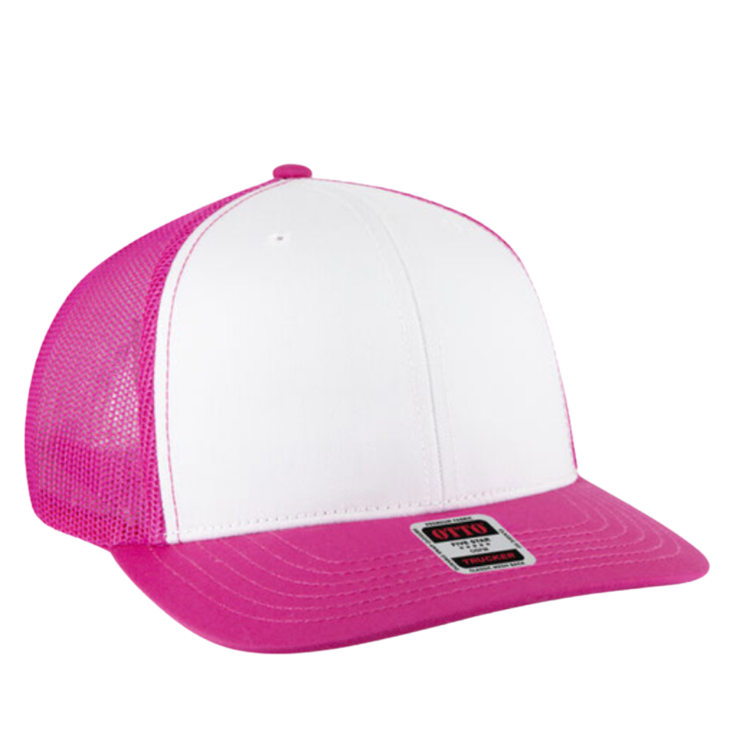 Front view of the White and Pink Hat Trucker Hat