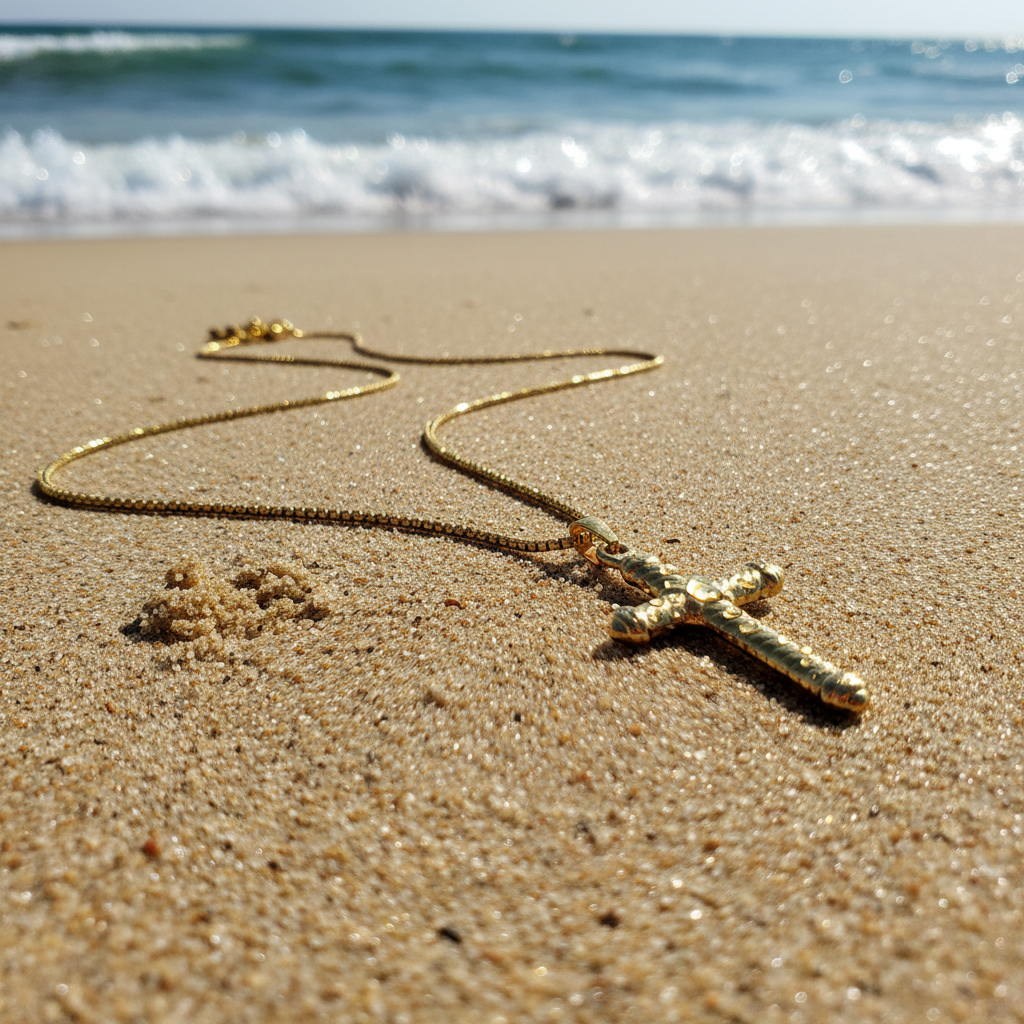 Gold necklace with a cross pendant on a sandy beach with ocean waves in the background
