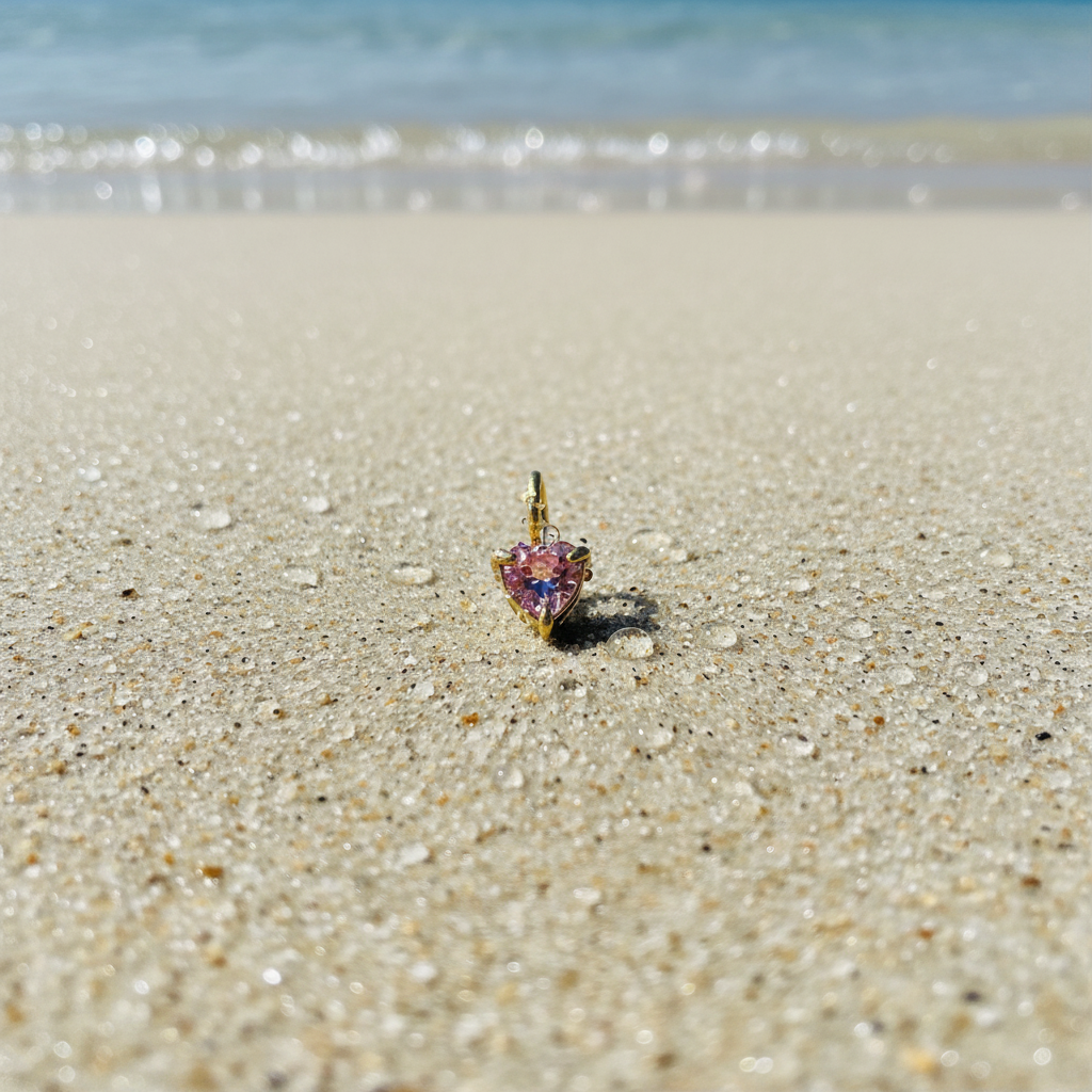 Heart-shaped pink stone on a sandy beach with water in the background