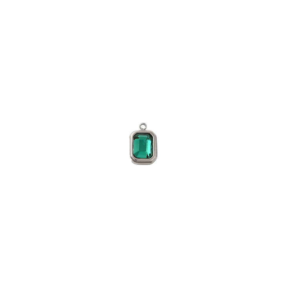 Silver Rectangle Emerald Green Gemstone Charm - Waterproof Stainless Steel