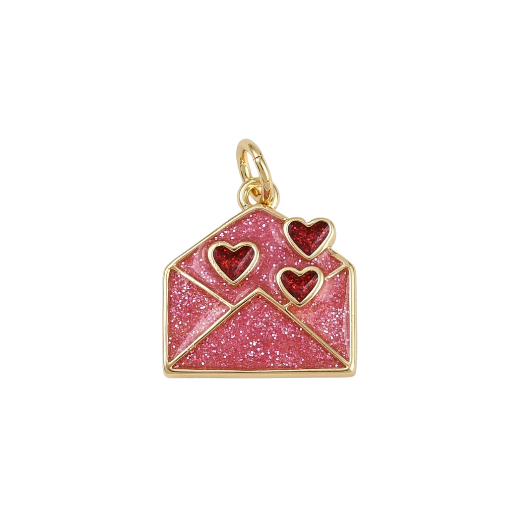 Gold Glitter Heart Mail Charm
