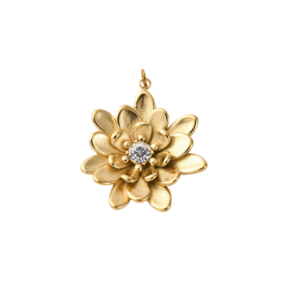 Gold flower-shaped pendant with a central gemstone on a white background
