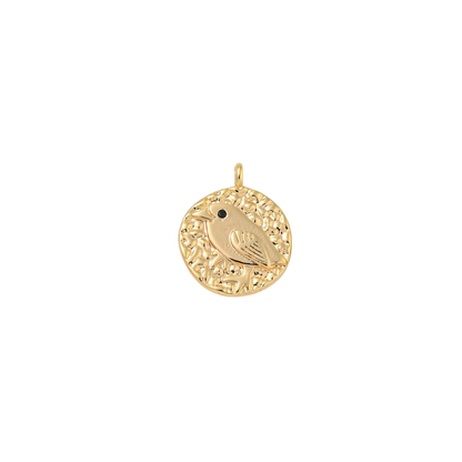 Gold pendant with a bird design on a white background