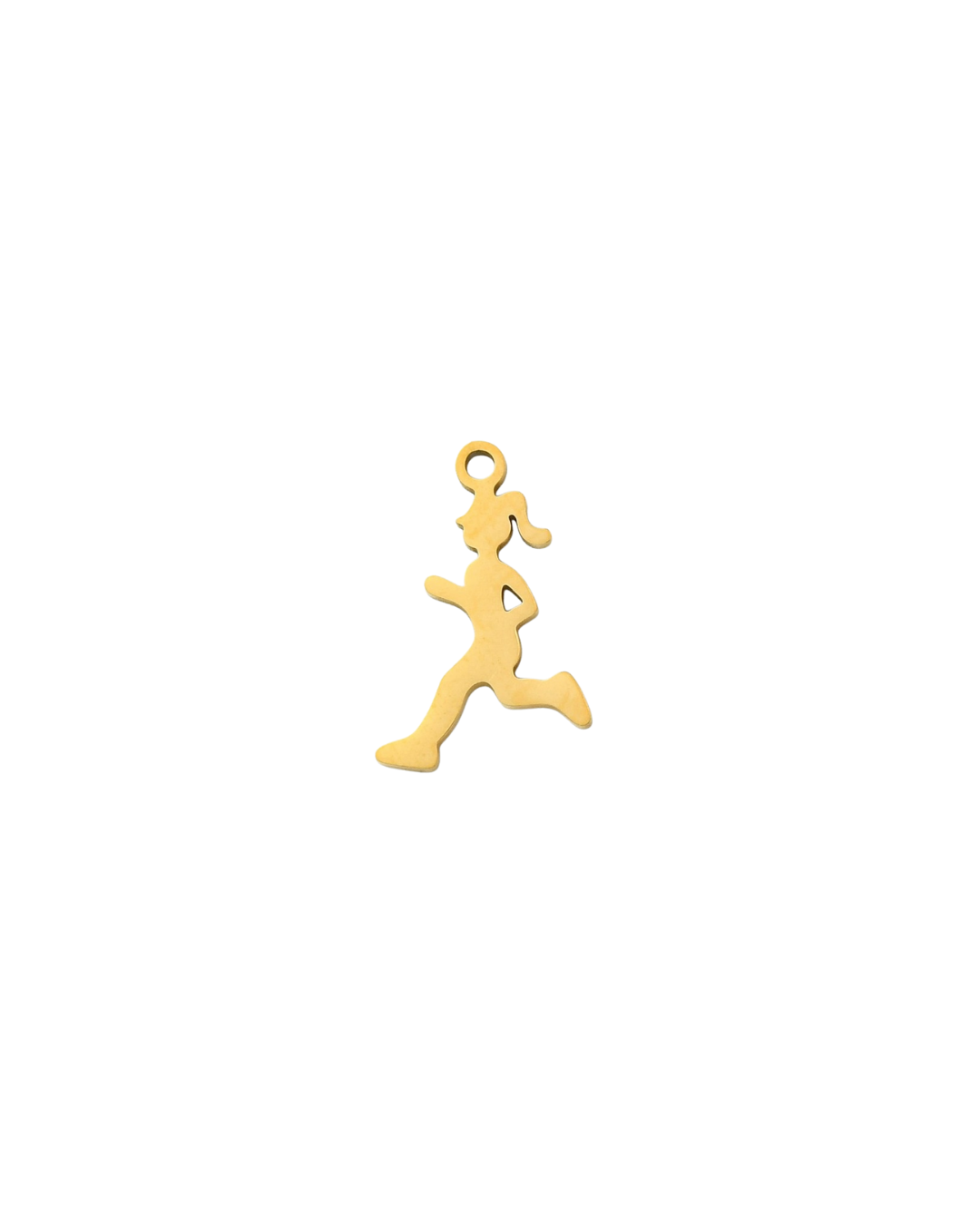 A small gold charm shaped like a running female figure with a loop at the top, shown on a plain white background.
