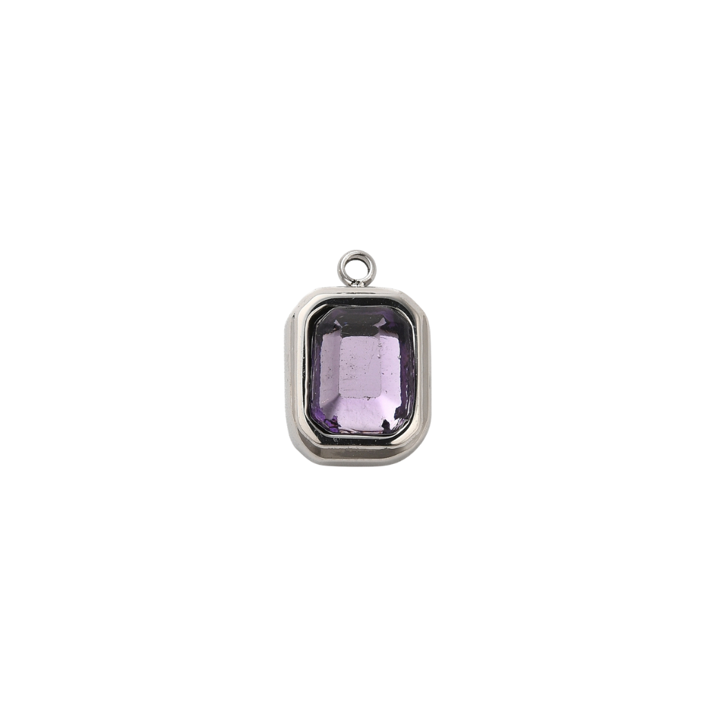Silver Rectangle Purple Gemstone Charm - Waterproof Stainless Steel