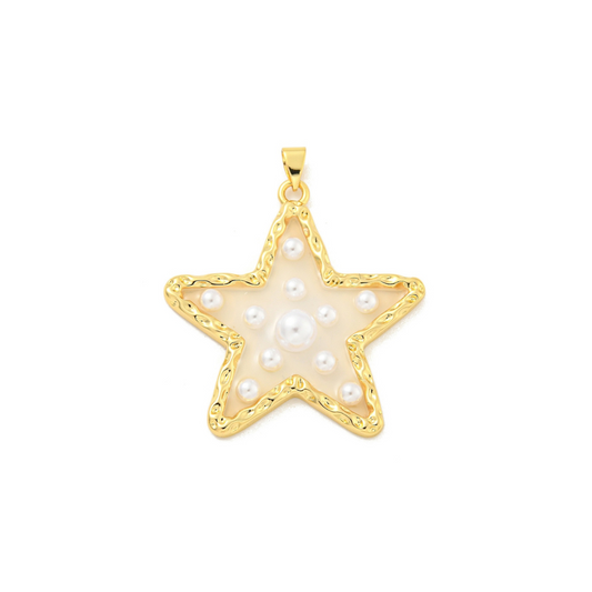 Gold star-shaped pendant with pearls on a white background