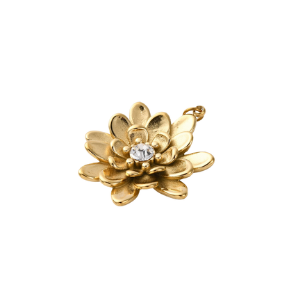 Gold lotus flower pendant with a clear gemstone on a white background