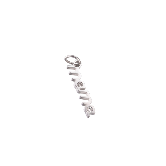 Silver pendant with 'Mama" text on a white background