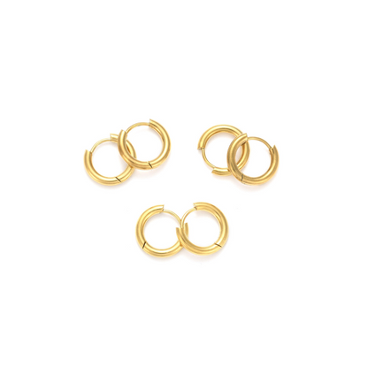 Front of three pairs of the Gold 18K Ion Plated Huggie Hoop Earrings | Pair