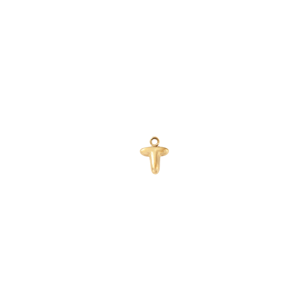Gold pendant shaped like a letter 'T' on a white background