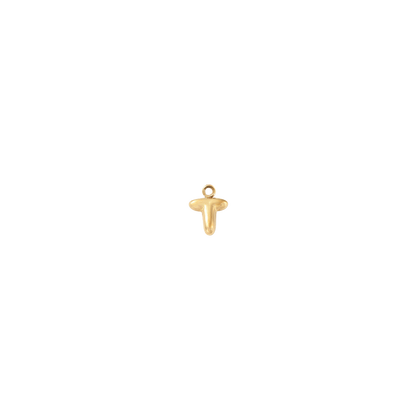 Gold pendant shaped like a letter 'T' on a white background
