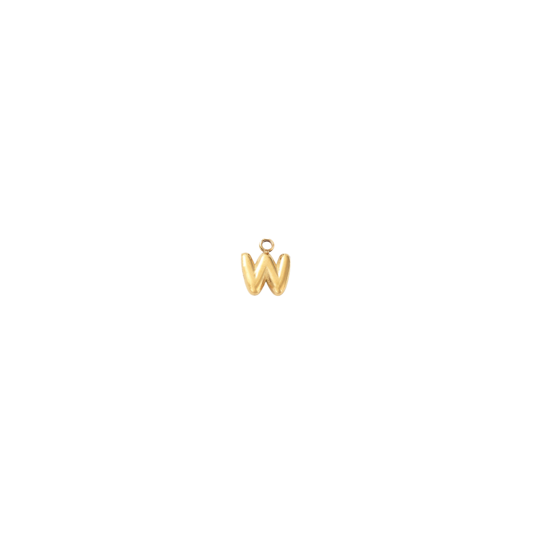 Gold pendant with 'W' design on a white background