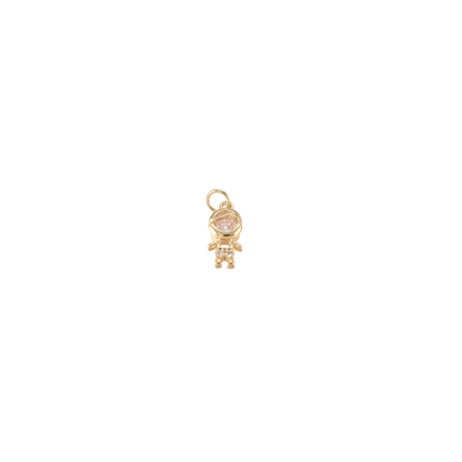 Gold charm with a small boy face design on a white background