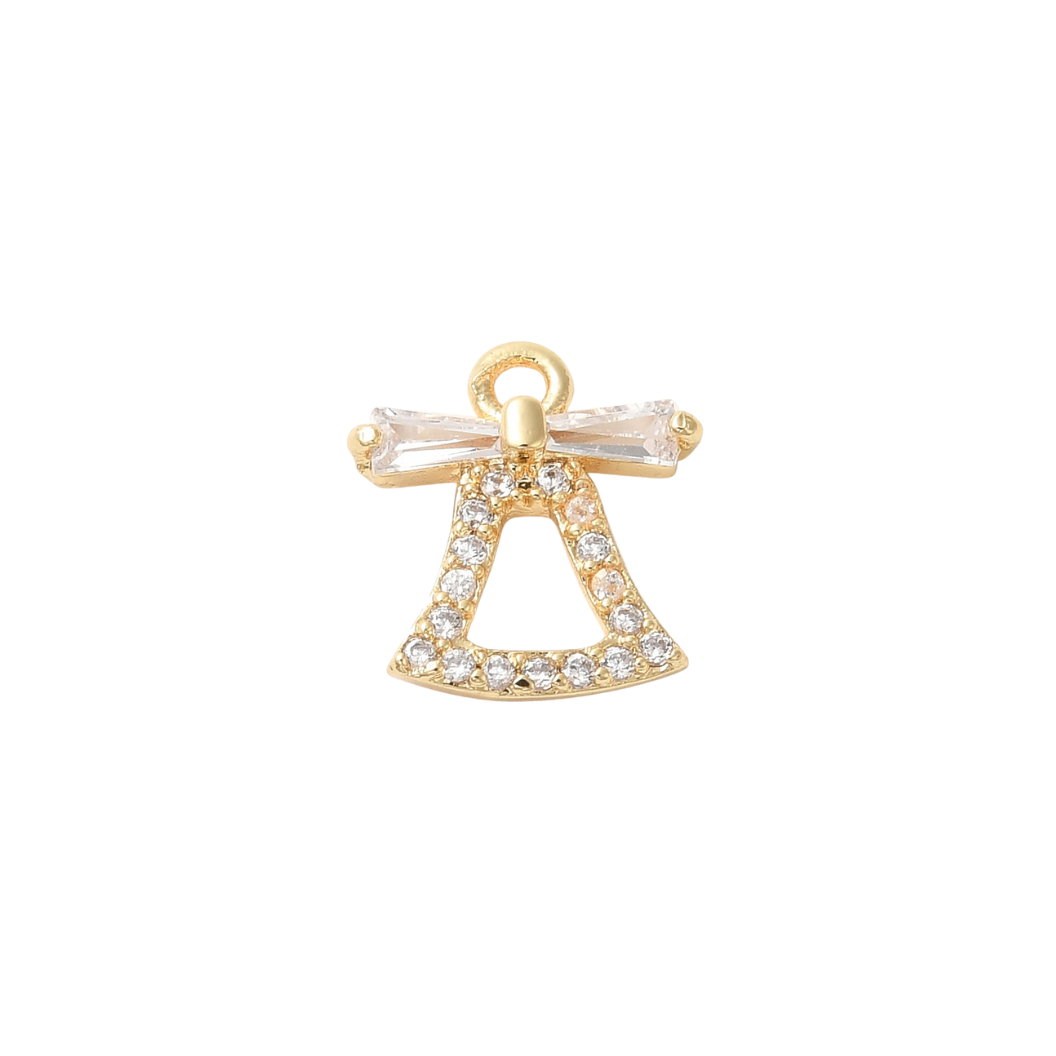 Gold bell-shaped pendant with clear stones on a white background