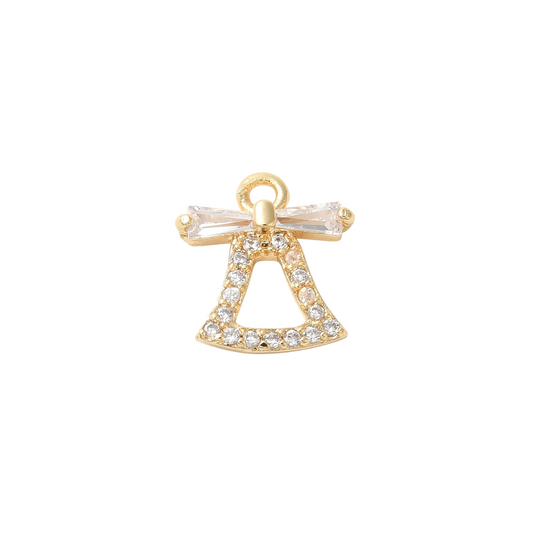 Gold bell-shaped pendant with clear stones on a white background