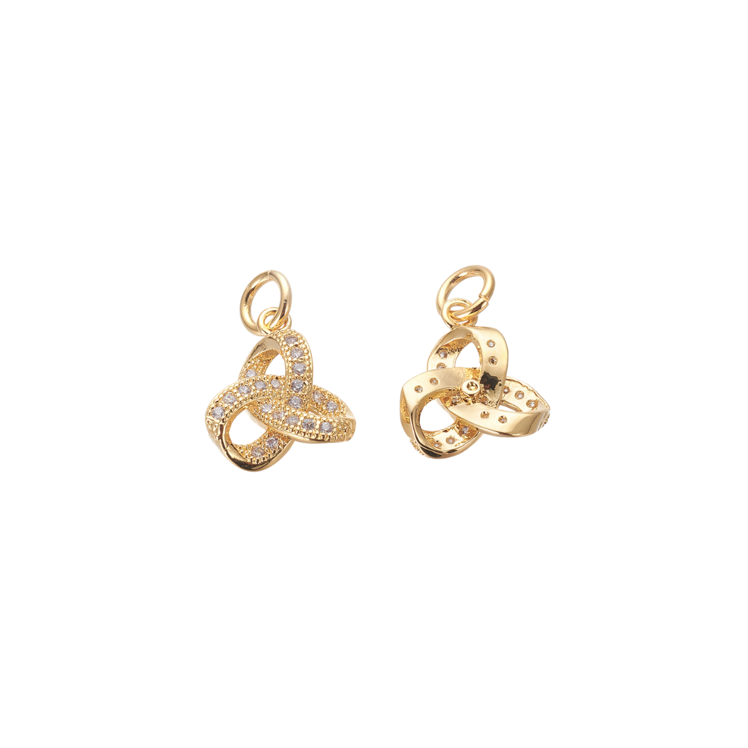 Front and back view of the Gold Trinity Knot with Cubic Zirconia Charm
